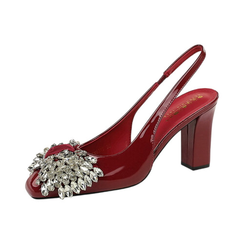 Women's Rhinestone Bow Leather Block Heel Pumps 2
