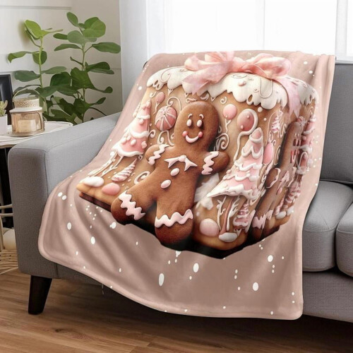 Χριστουγεννιάτικη Κουβέρτα με Αφράτο Ροζ Gingerbread Man – Μαλακή Φανελένια Κουβέρτα 1