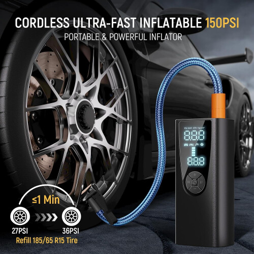 Φορητός Φουσκωτής Ελαστικών 150PSI με Μπαταρία 8000mAh, Ψηφιακό Μανόμετρο & Φως 1