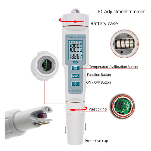 4In1PH/EC/TDS&Μετρητής θερμοκρασίας αδιάβροχος μετρητής pH LED, μετρητής ποιότητας νερού, 2