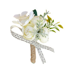 Articulated Drawing Mannequin Inspired Artificial Wedding Boutonniere Men's Formal Accessory With Silk Cloth Plastic Tiny Flowers Greenery And Ribbon