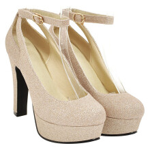 1Pair Women Golden Chunky-Heel Shoes Waterproof Platform Wedding Shoes