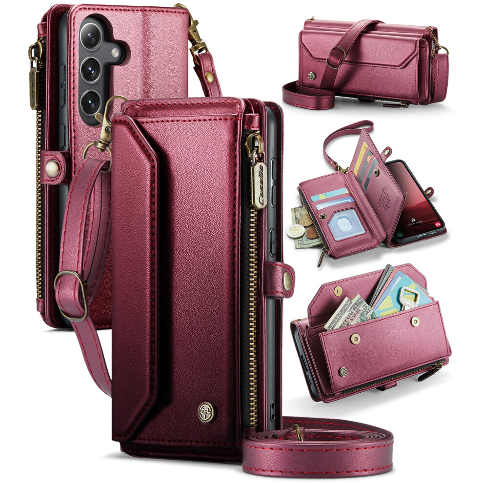 Caseme Leather Wallet Case For Compatible With Samsung Galaxy S25 & S24 6.2" Â Rfid Blocking, 7-Card Holder, Zipper Bills Slot, Magnetic Wrist Strap 9313598236456