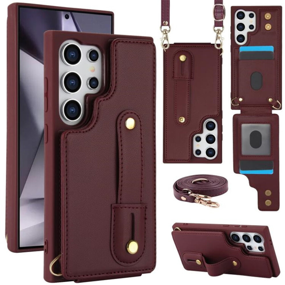 Premium Pu Leather Flip Wallet Case With Wristband Holder & Card Slots, Detachable Crossbody Â Compatible With Samsung Galaxy S25 Ultra 5G, Wine Red 9313598237828