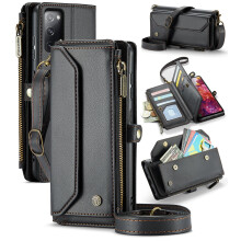 CaseMe Leather Wallet Case for compatible with Samsung Galaxy S20 FE – RFID Blocking, 10-Card Holder, Zipper Bills Slot, Magnetic Strap