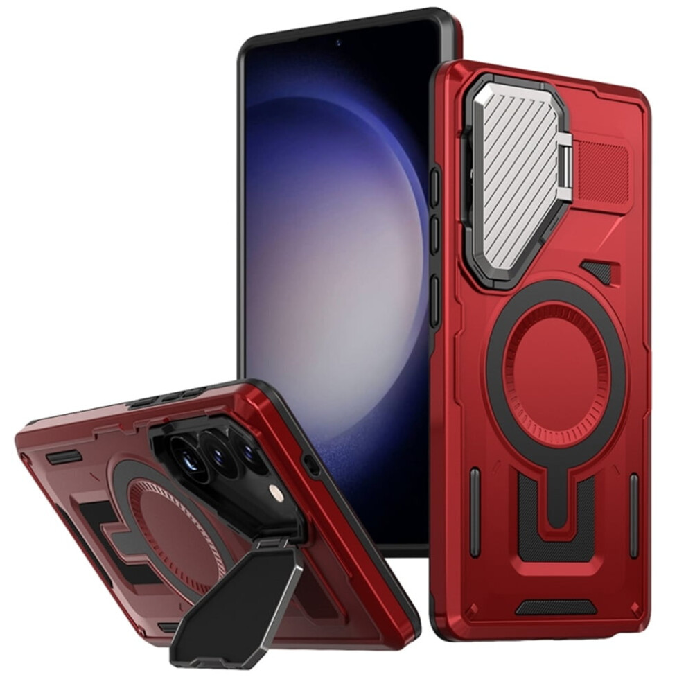 Rugged Magnetic Case For Samsung Galaxy S23 5G – Magsafe Compatible, Adjustable Metal Lens Cover, Military-Grade Protection, Red 9496895270757