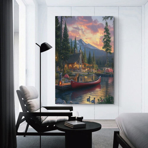Quadro em tela com casa à beira do lago e canoa vermelha, 61 x 91 cm (24 x 36 polegadas) 2
