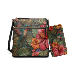 Set aus 2-teiliger Hobo-Umhängetasche und Geldbörse aus PU-Leder mit Hibiskus- und Kolibri-Print, verstellbarer Riemen, ideal für Reisen