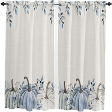 Thanksgiving Fall Kitchen Curtains (2 Panels, 42"x63", Rod Pocket) – Blue, White, Pumpkin, Eucalyptus, Beige