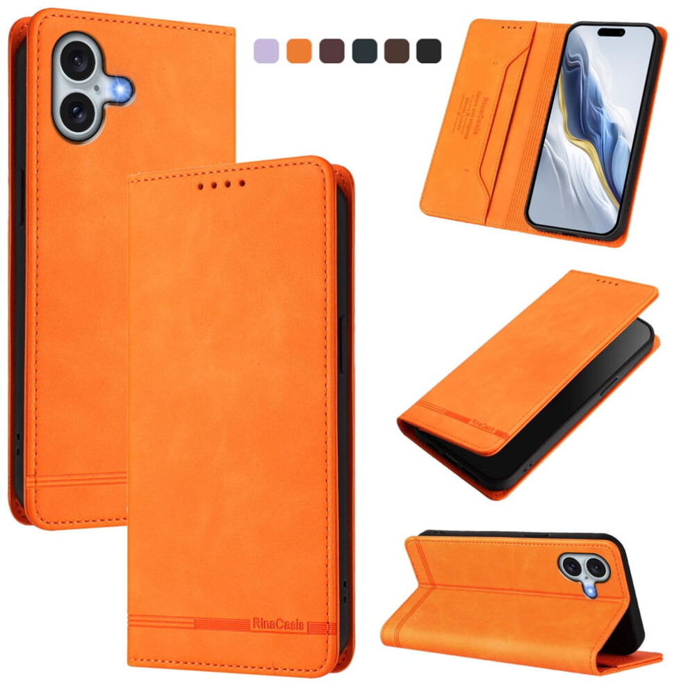 Magnetic Phone Case For Iphone 16 (6.1") Â Rfid Blocking, Card & Cash Slots, Kickstand, Shockproof Flip Folio, Orange 9496895270689