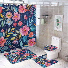 Ensemble de rideau de douche floral 4 pièces avec tapis antidérapant, couvre-abattant et tapis de bain, 183 x 183 cm, 12 crochets, décoration de
