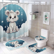 Cute Lion on Clouds 4-Pc Bathroom Rug Set with Shower Curtain, Non-Slip Mats, Toilet Lid Cover – Compatible with Standard Bathrooms