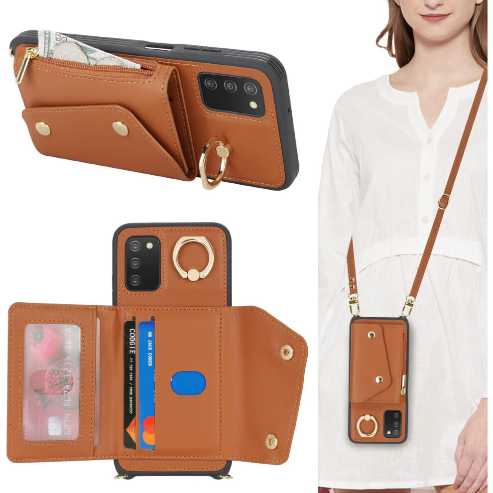 Samsung Galaxy A03s 5G Case With Card Holder, Zipper Pocket, Crossbody Strap, Stand Ring & Wallet (, 6.5") Brown 9329345389818