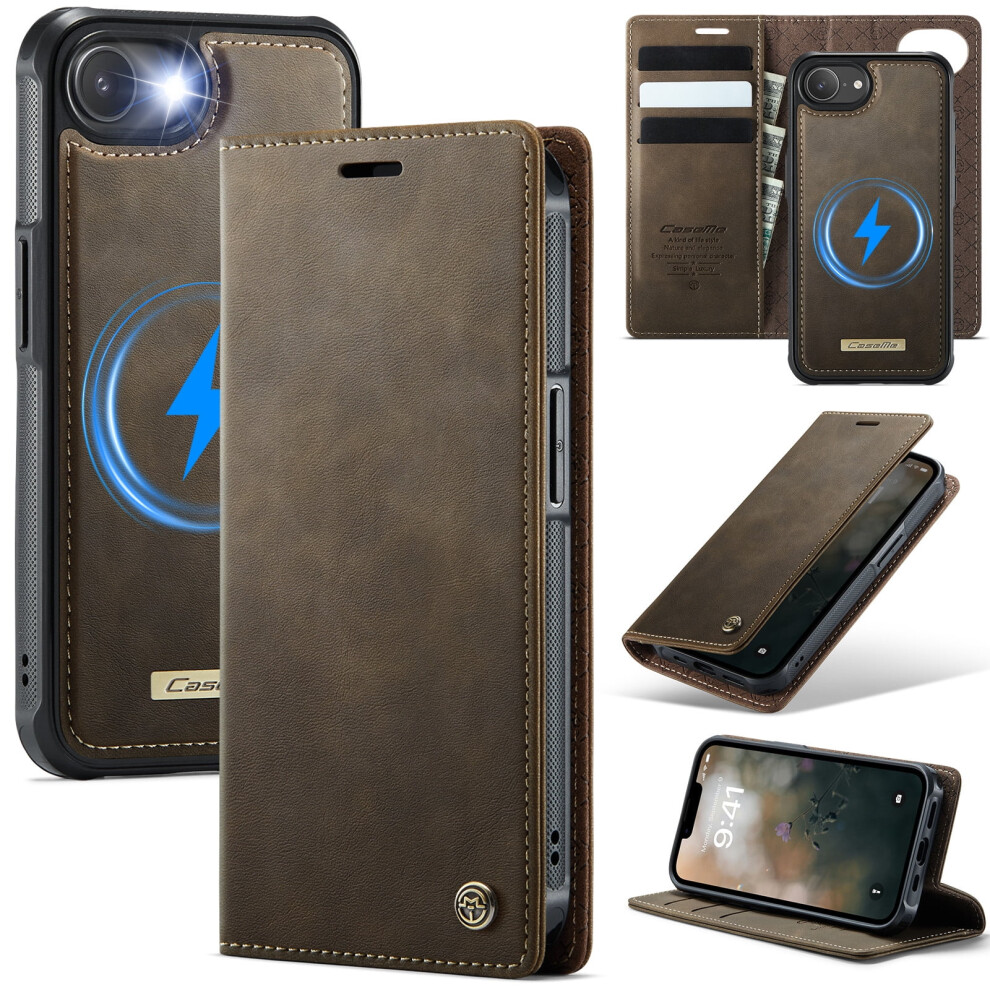 Caseme Wallet Case For Iphone 16E, Magsafe Compatible, Rfid Blocking, Flip Stand, Shockproof, Magnetic & Detachable, Pu Leather, Coffee Brown 9496895269652