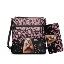 Set aus Umhängetasche und Geldbörse aus PU-Leder mit Kirschblütenmuster und Murmeltiermotiv, Handtasche mit mehreren Fächern und verstellbarem