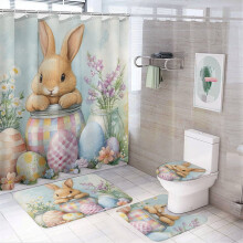 Ensemble de rideau de douche de Pâques avec adorable lapin – Décoration de salle de bain imperméable 4 pièces (Compatible avec les douches