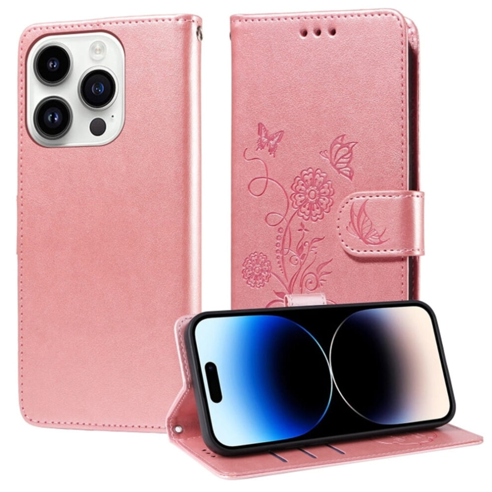 Embossed Butterfly Flower Flip Leather Case For Iphone 14 ProâShockproof, Kickstand, Card Slots & Cash Compartment Pink 9329345390890