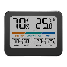 Handige binnenthermometer met weergave van hoge en lage temperatuur en luchtvochtigheid.