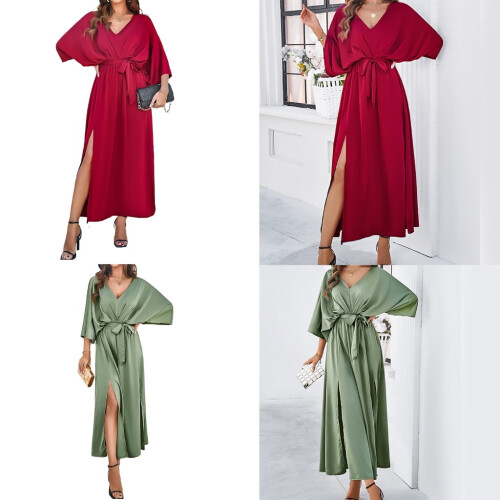 Women's Solid Batwing Sleeve Long Satin Dress with Belt 1