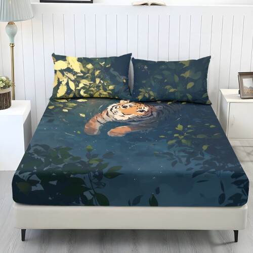 Σετ σεντονιών 3 τεμαχίων Tiger Printed, ελαφρύ και άνετο, ελαστικό σεντόνι 9,8" με λάστιχο