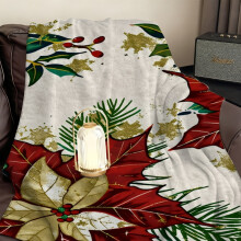 Vintage Flannel Blanket: Red/Green/Gold Poinsettia Pattern, Soft Thick Cotton, All-Season Decor & Gift – Compatible with Holiday Gifting