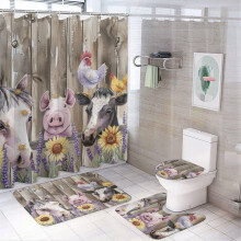 Ensemble de rideau de douche 4 pièces animaux de la ferme (cheval, vache, cochon) + tapis – Décoration de salle de bain imperméable et durable