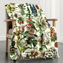 Plaid rétro à motif floral botanique – Flanelle douce et épaisse, motif aquarelle peint à la main, étiquette française, pour