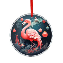 Pink Flamingo Christmas Glass Ornament Round