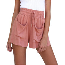 Shorts esportivos femininos plus size, em mistura de algodão e linho, com cintura elástica, cordão, bolsos, verde militar, confortáveis para