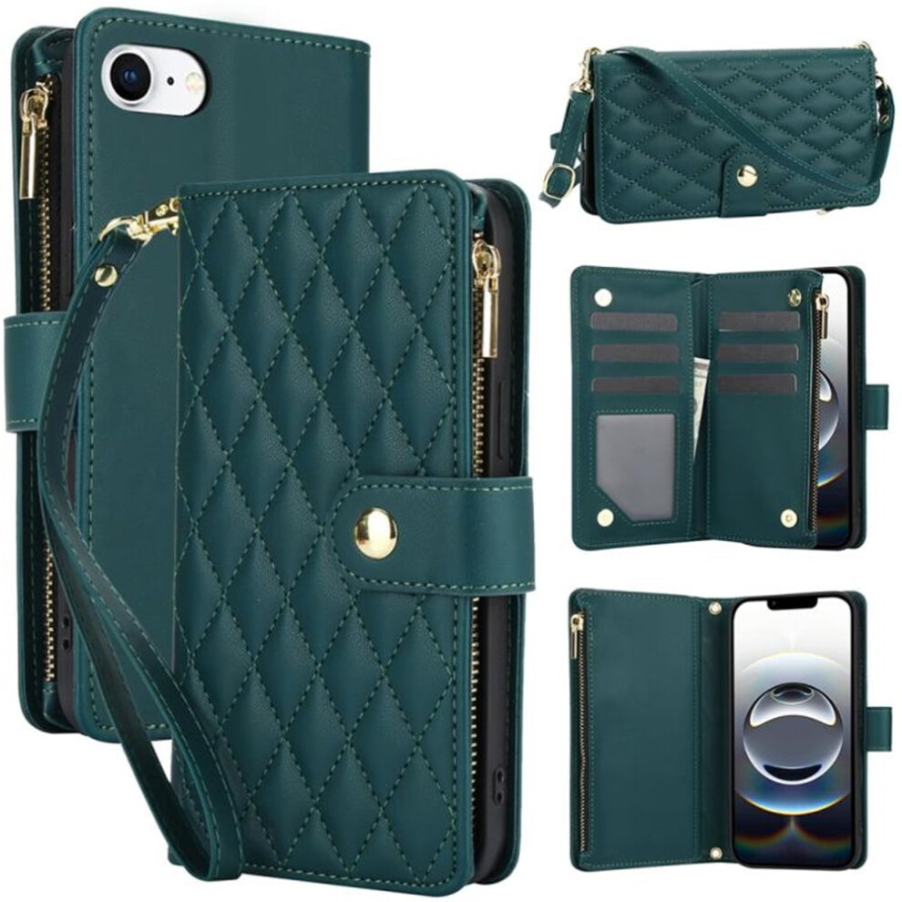 Rfid-Blocking Flip Wallet Case For Iphone 16E 6.1" Â With Card Slots, Kickstand, Wrist Strap, Lanyard & Zipper Green 9450273076201