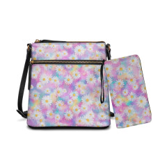 Dámska kožená crossbody kabelka a sada peňaženky s batikovanou potlačou kvetov sedmokrások, taška cez rameno s viacerými vreckami,
