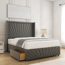 (Grey, 6ft Super King (with Mattress))) Nola 54” Winged Divan Double Bed Base Plush Velvet Built-in 2 Drawers