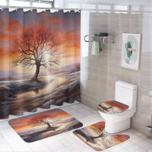 Ensemble de rideau de douche 4 pièces avec motif paysage d'hiver, rideau imperméable et tapis – Compatible avec les baignoires standard