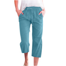 SYMOID Caprihose für Damen in großen Größen, Sommerhose für Damen, Caprihose aus Baumwoll-Leinen-Mischgewebe mit Taschen, Caprihose mit
