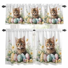 Ensemble de rideaux et cantonnières de cuisine pour Pâques, motif chat/œufs/fleurs, passe-tringle, 70 x 61 cm, 3 pièces, pour salon, chambre,