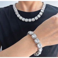 Fashion Men/Women Hip Hop Miami Cuban Chain Four Sided Rhinestone Necklace/Bracelet Set Fashionable High Quality Personalized Jewelry Gift