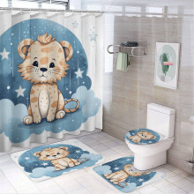 4-Piece Shower Curtain Set with Non-Slip Rugs, Toilet Lid Cover & Bath Mat – Cute Lion-on-Clouds Design, Stars & Moon, Waterproof