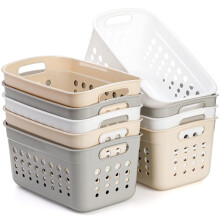 9-Pack Plastic Storage Baskets with Handles – Rectangular Pantry & Desktop Organizers (Beige/White/Gray), Compatible with Standard Shelves