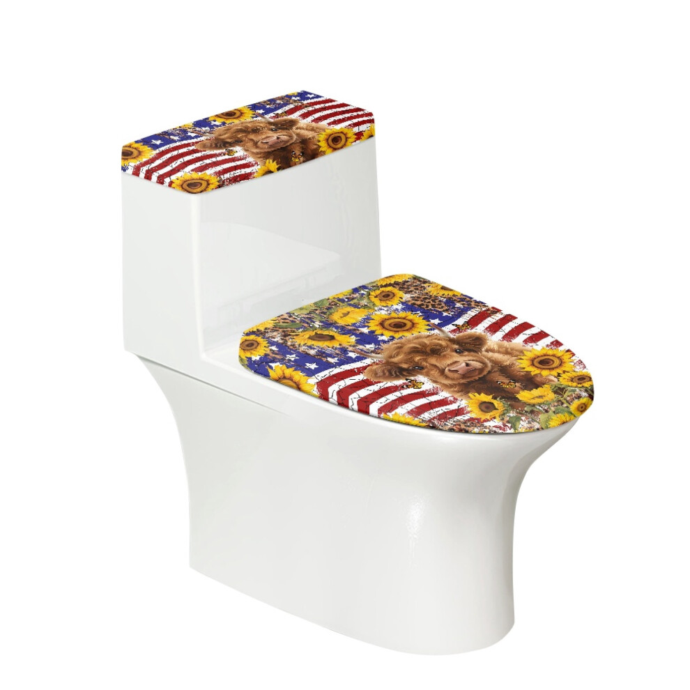 2 Pieces Adjustable Round Toilet Lid Dust Cover With Fits All Toilet Shapes For Elastic Bottom, American Flag And Sunflowers 9422877952434