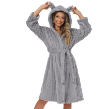 Women's Hooded Long Bathrobe With Cute Ears - Double-sided Fleece Jacquard With Belt - Gray Size M