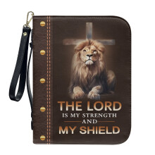Cross Lion PU Leather Bible Cover for Women & Men – “The Lord Is My Strength” – Compatible with Standard Bibles, Detachable Wristlet Strap
