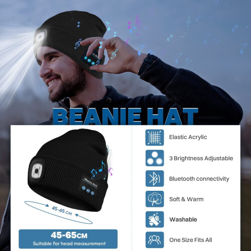 Καπέλο Bluetooth Beanie με φως LED, επαναφορτιζόμενος προβολέας, μουσική, δώρα για άνδρες 1