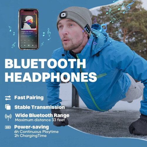 Καπέλο Bluetooth Beanie με φως LED, επαναφορτιζόμενος προβολέας, μουσική, δώρα για άνδρες 2