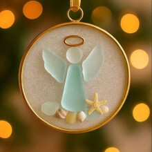 Handcrafted Sea Glass Christmas Ornaments with Gold Frame, Starfish & Seashell Accents – Coastal Tree Decor for Sea Lovers