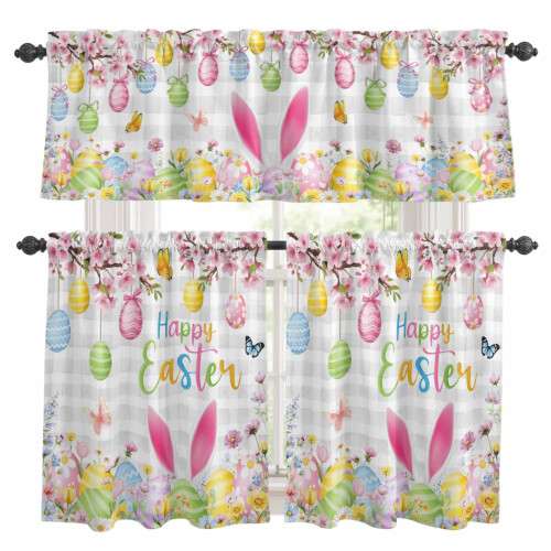 Easter Kitchen Curtains and Valances Set Bunny Eggs Floral
