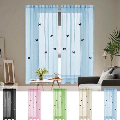 Sheer Curtains Solid Color 40x51 Inch Butterfly Embroidery