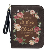 Peony & Butterfly Cross Leather Bible Cover for Women/Men – I Can Do All Things, XL, with Detachable Wristlet Strap, Compatible with Standard Bibles