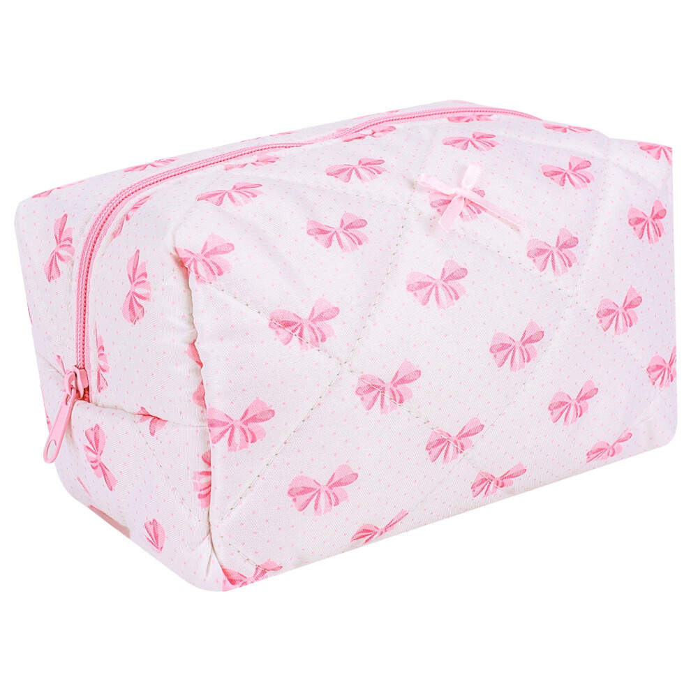Cute Bow Pattern Makeup Bag Cotton Quilted Cosmetic Bag For Women (Pink) Portable cosmetic bag (Pink)