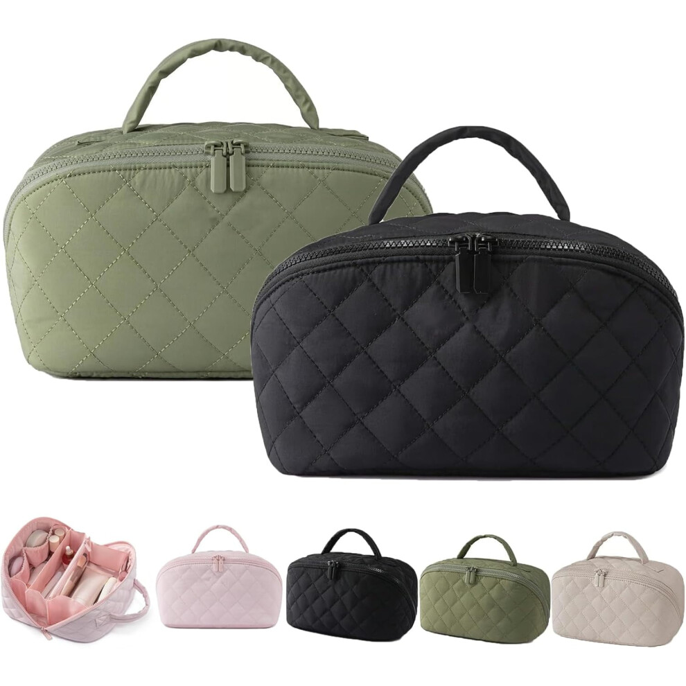 Travel Makeup Bag for Women with 180 Opening, Waterproof Flat-Lay Organizer with Multiple Compartments for Toiletries and Brushes