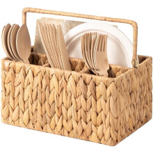 Hand-Woven Wicker Silverware Organizer - Water Hyacinth Cutlery Holder for Countertop with Handle (1-Pack)